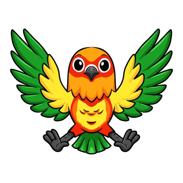 Lindo loro amarillo y verde lovebird dibujos animados volando