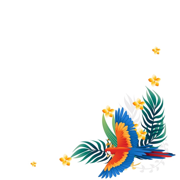 Lindo loro guacamayo sentarse con hojas verdes y cabeza de flor roja dibujos animados animal diseño plano vector ilustración aislado sobre fondo blanco