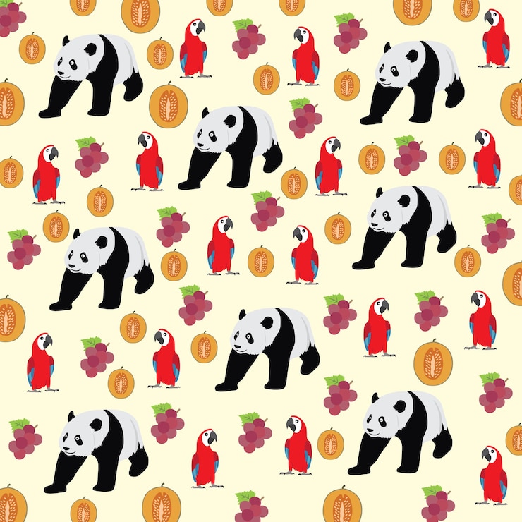 Vector lindo loro panda con uva y melón como fondo de patrón