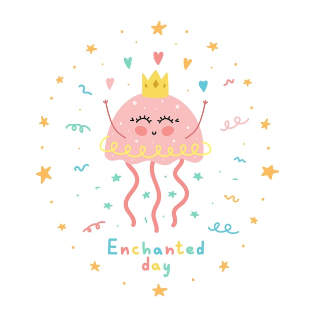 Un lindo y mágico poster infantil dibujado a mano con una divertida y mágica princesa medusa