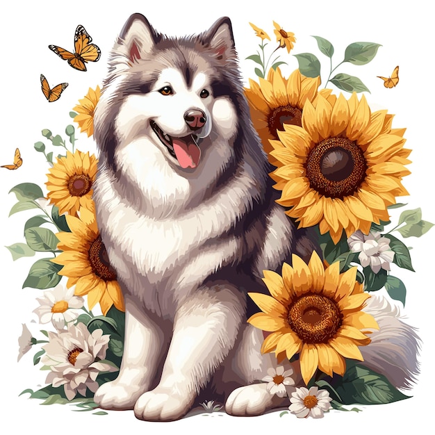 Lindo Malamute perro de dibujos animados de estilo vectorial fondo blanco