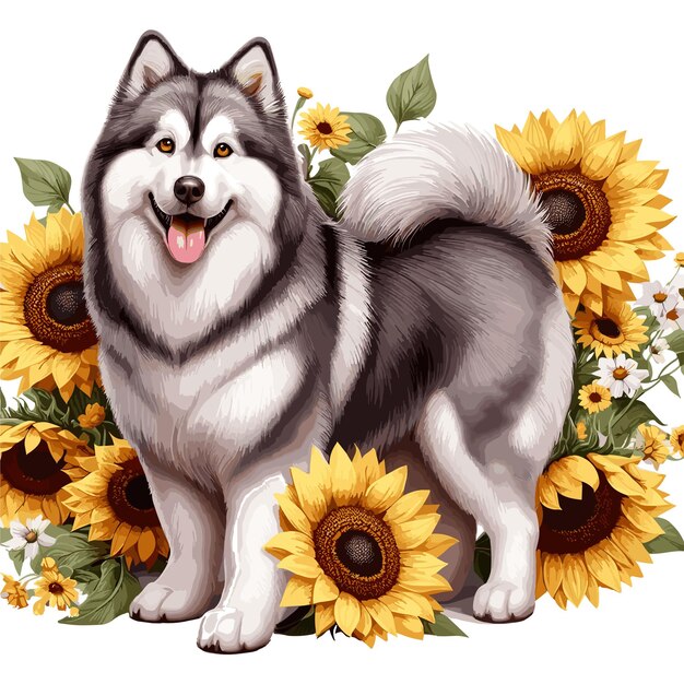 Lindo Malamute perro de dibujos animados de estilo vectorial fondo blanco