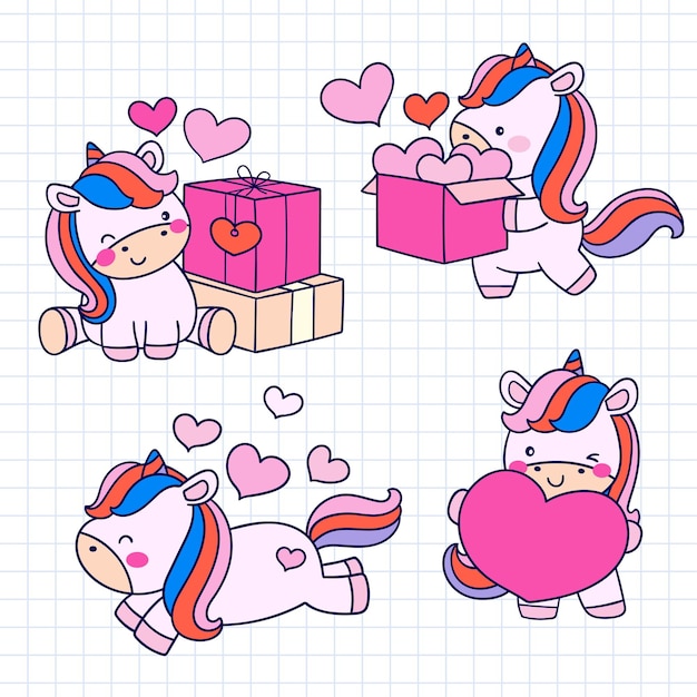 Lindo mano dibujada doodle unicornio conjunto ilustración vectorial