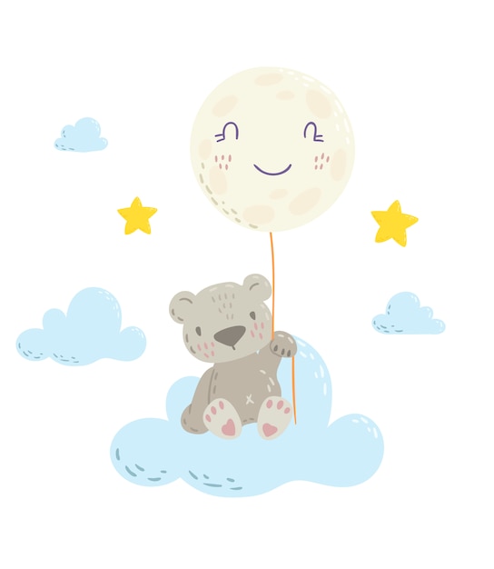 Lindo mano plana dibujada ilustración oso y globo