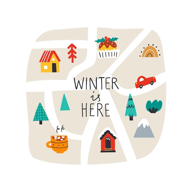 Lindo mapa con baratijas de navidad árboles casas invierno está aquí vacaciones de navidad ilustración vectorial