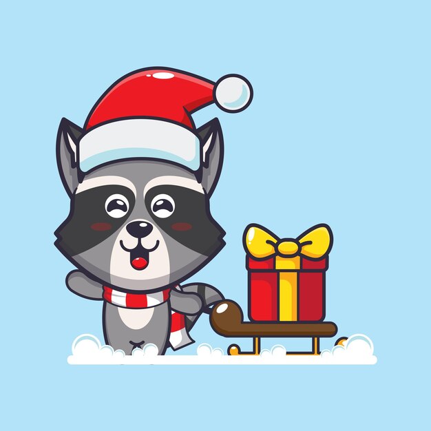 Lindo mapache con caja de regalo de Navidad. Linda ilustración de dibujos animados de Navidad.