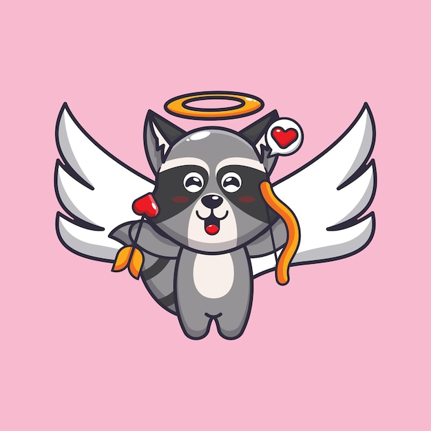 Lindo mapache cupido personaje de dibujos animados con flecha de amor