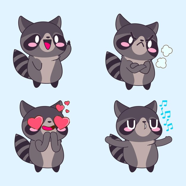 Lindo mapache dibujo lindo mapache pegatina vector conjunto