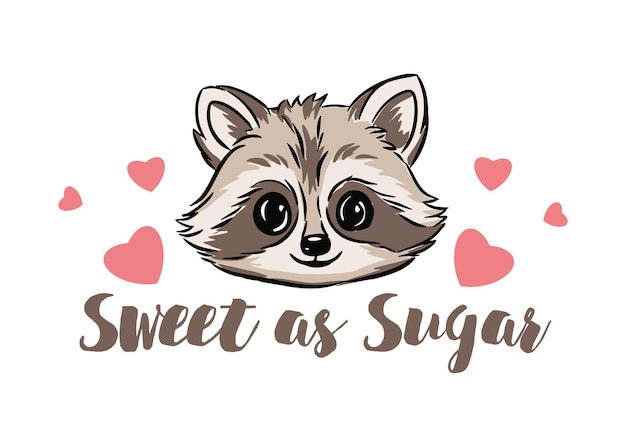 Lindo mapache de dibujos animados con corazones rosados en fondo blanco frase dulce como el azúcar