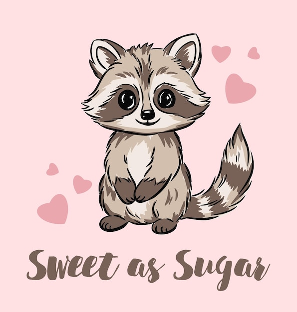 Lindo mapache de dibujos animados con corazones rosados en fondo rosado frase dulce como el azúcar