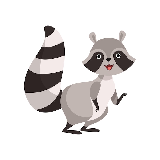 Lindo mapache gris divertido personaje animal humanizado Coon ilustración vectorial sobre fondo blanco