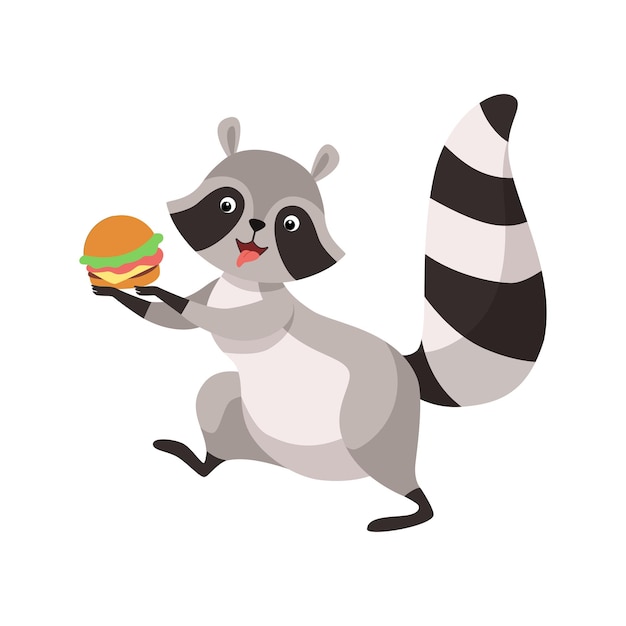 Lindo mapache con hamburguesa divertido personaje animal de coon gris humanizado comiendo hamburguesa ilustración vectorial sobre fondo blanco