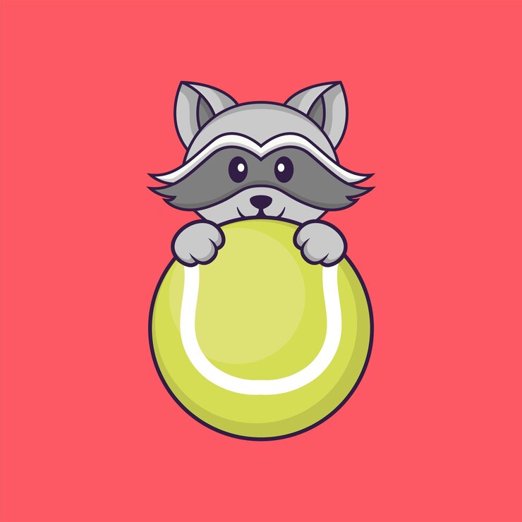 Vector lindo mapache jugando al tenis. concepto de dibujos animados de animales aislado. estilo de dibujos animados plana