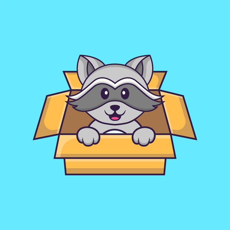 Vector lindo mapache jugando en caja. concepto de dibujos animados de animales aislado. estilo de dibujos animados plana