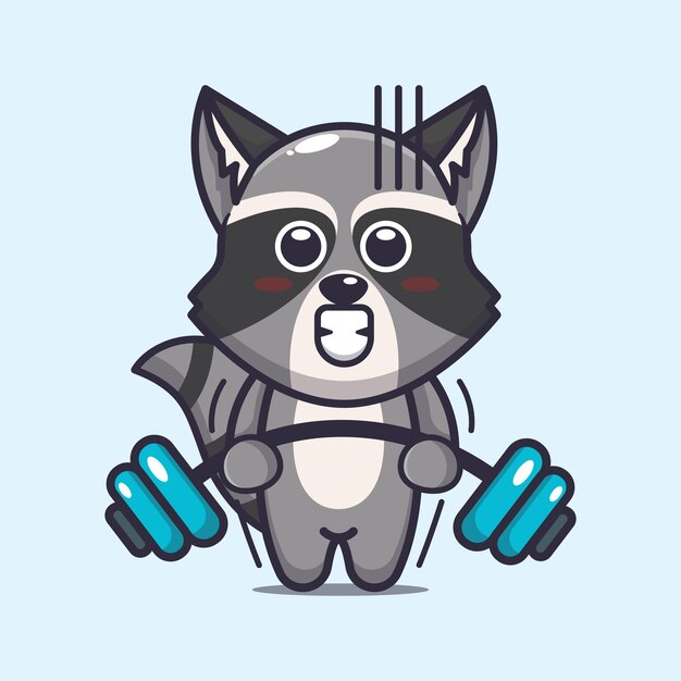 Lindo mapache levantando barra Ilustración de animal de dibujos animados lindo