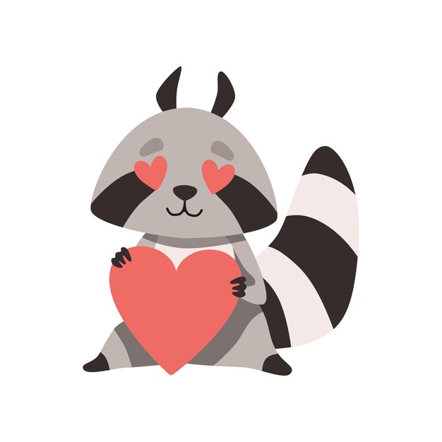 Lindo mapache con ojos en forma de corazón sosteniendo corazón rojo divertido personaje animal de coon gris humanizado enamorado ilustración vectorial sobre fondo blanco