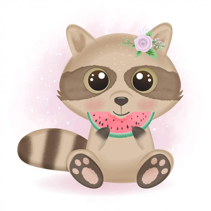 Vector lindo mapache con sandía dibujado a mano ilustración de dibujos animados