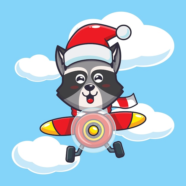 Lindo mapache con sombrero de santa volando con avión. Linda ilustración de dibujos animados de Navidad.