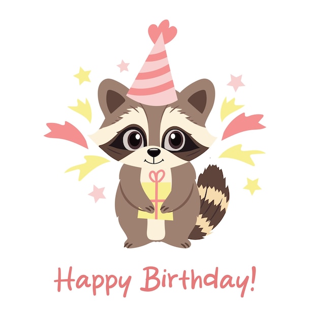 Lindo mapaches en gorra festiva con caja de regalo Feliz cumpleaños fiesta para niños Ilustración vectorial