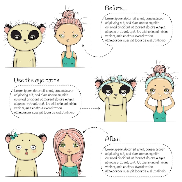 Lindo maquillaje tres pasos instrucción niña y panda ilustración vectorial
