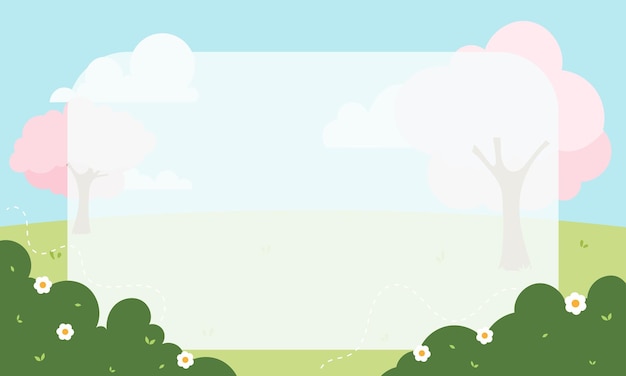 Lindo marco de dibujos animados Kawaii Paisaje Fondo con prado de hierba y árboles