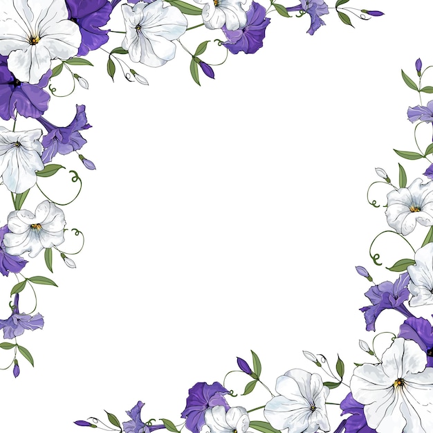 Lindo marco floral con flores blancas, violetas petunia y hojas verdes
