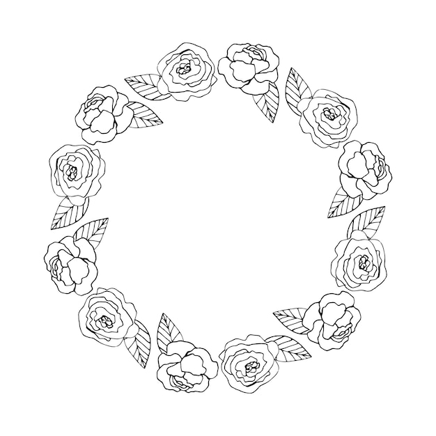 Lindo marco redondo dibujado a mano con elementos florales hierbas hojas flores ramitas ramas Doodle