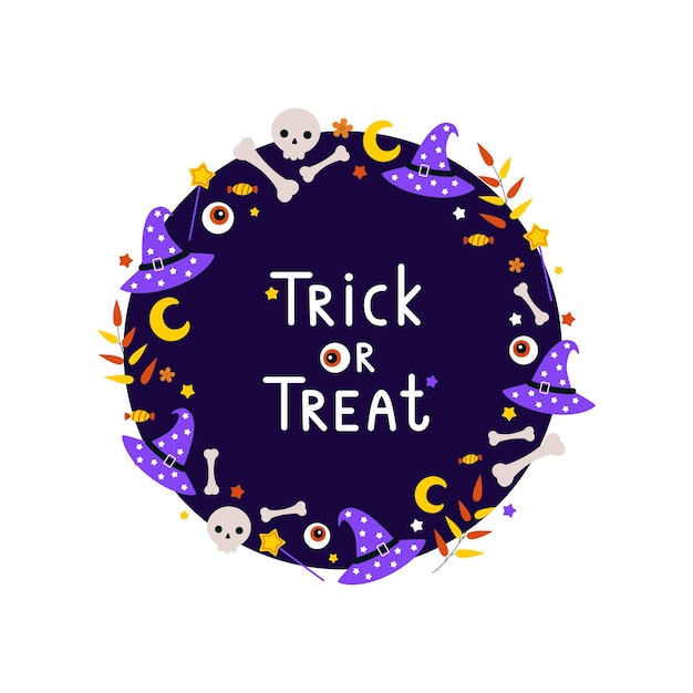 Lindo marco redondo de Halloween con texto ilustración vectorial en estilo de dibujos animados