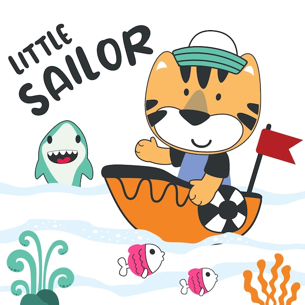 Lindo marinero tigre en el barco Se puede utilizar para la impresión de camisetas, los niños usan diseño de moda, tarjeta de invitación para baby shower, tela, textil, póster de papel tapiz para guardería