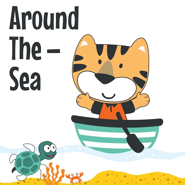Lindo marinero tigre en el barco Se puede utilizar para la impresión de camisetas, los niños usan diseño de moda, tarjeta de invitación para baby shower, tela, textil, póster de papel tapiz para guardería