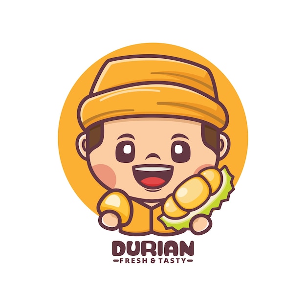 Vector lindo mascota de dibujos animados masculino con ilustración vectorial de durian en estilo contorno