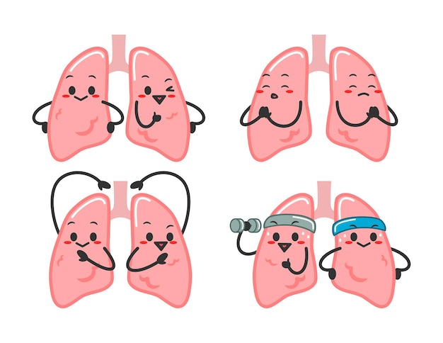 Lindo mascota pulmones ilustración personaje gracioso de órgano humano colección de pulmones mascota
