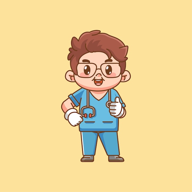 Lindo médico personal médico pulgar hacia arriba personaje kawaii chibi personaje mascota ilustración