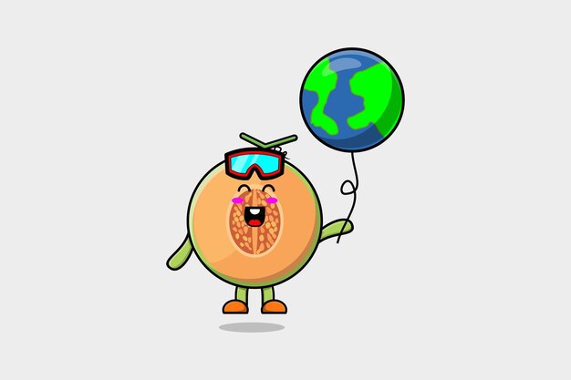 Vector lindo melón de dibujos animados flotando con ilustración de vector de dibujos animados de globo de tierra