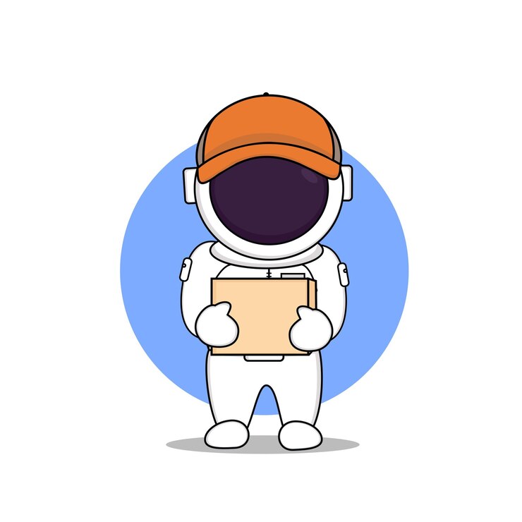 Lindo mensajero astronauta con orejas de gato sosteniendo una caja de papel, entrega de inteligencia artificial futurista.