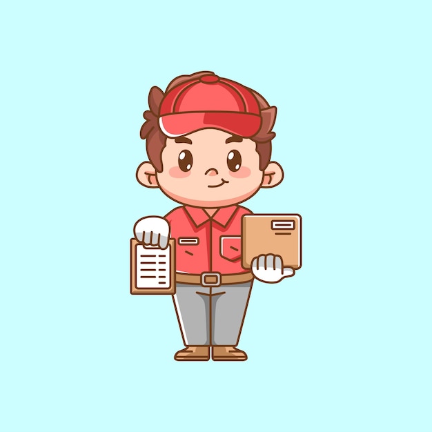 Lindo mensajero masculino recibo nota entrega del paquete kawaii chibi personaje mascota contorno de ilustración