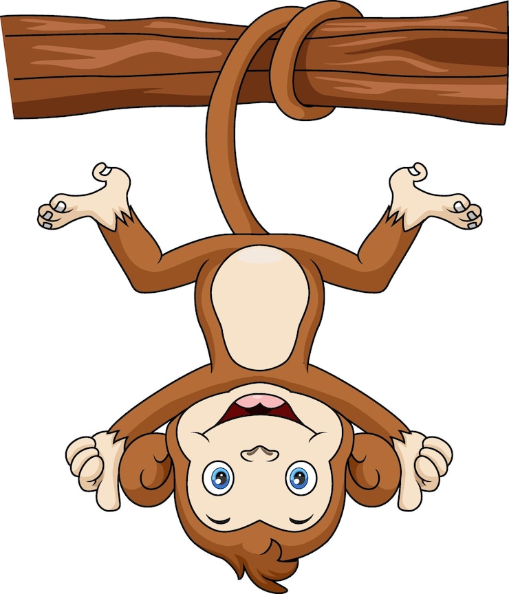 Vector lindo mono de dibujos animados colgando en la rama de un árbol