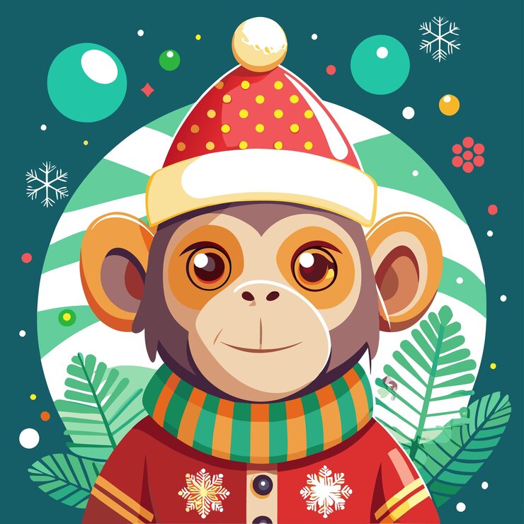 Vector lindo mono de dibujos animados con un sombrero y suéter de papá noel con un fondo a rayas verdes y blancas con copos de nieve y hojas