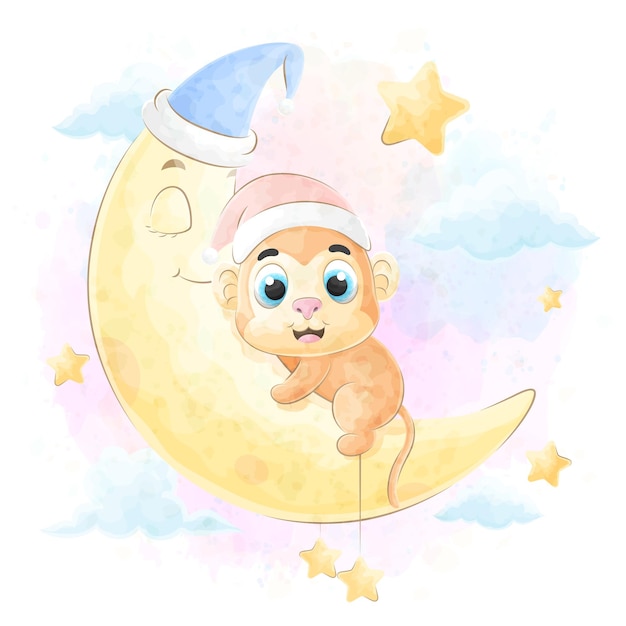 Vector lindo mono garabato y cachorro de luna con ilustración acuarela