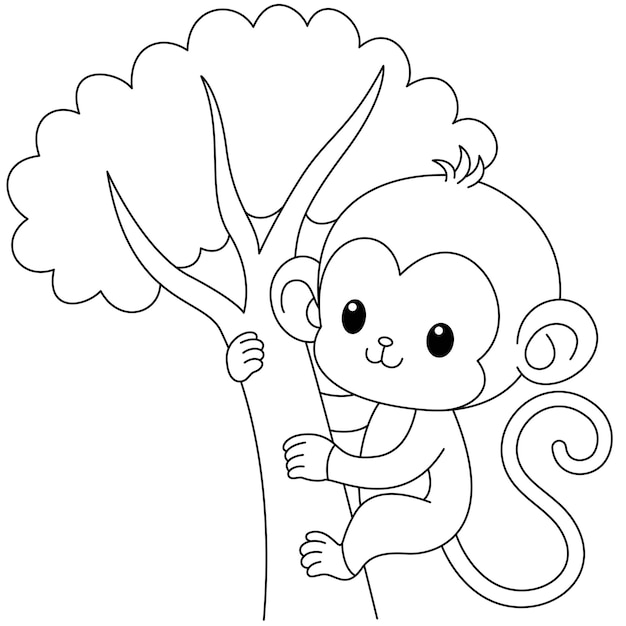 El lindo mono kawaii en el árbol Ilustración vectorial de personajes de dibujos animados