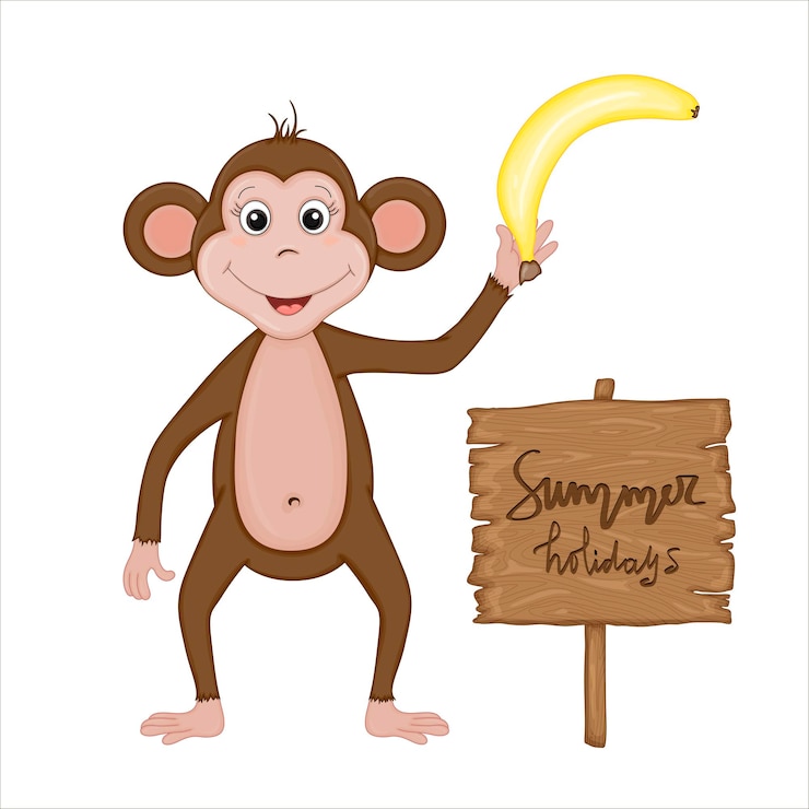 Vector lindo mono con un plátano y una pancarta con la inscripción "vacaciones de verano". colección de dibujos animados de verano en vector.