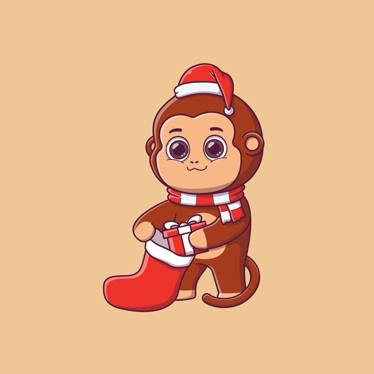 Vector lindo mono poniendo caja de regalo en calcetín de navidad