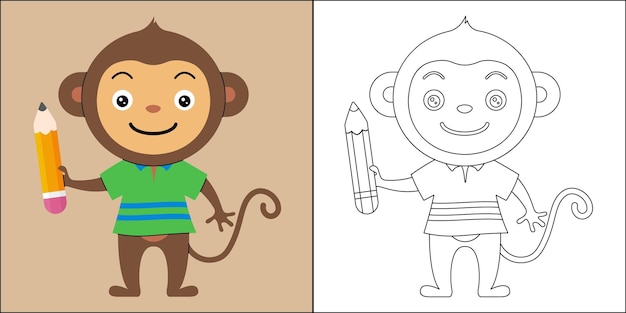 Lindo mono sosteniendo un lápiz adecuado para la ilustración de vector de página para colorear de los niños