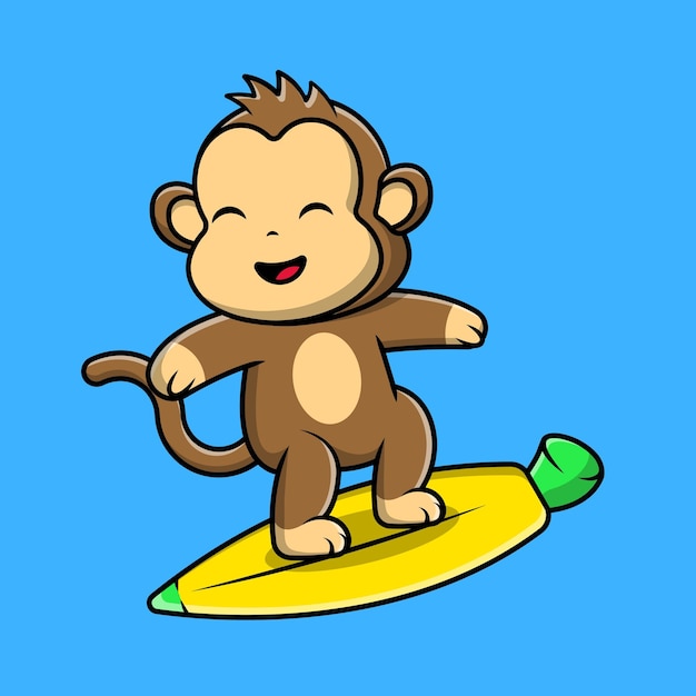 Vector lindo mono surfeando con banana surfboard cartoon vector iconos ilustración