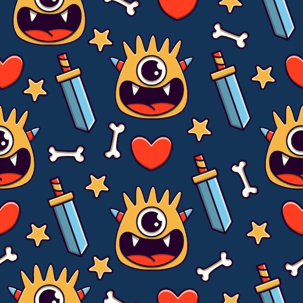 lindo, monstruo, caricatura, garabato, seamless, patrón, diseño