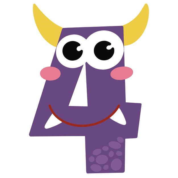 Lindo monstruo de dibujos animados número cuatro número cuatro con la ilustración de la cara sonriente