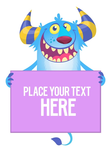 Vector lindo monstruo de halloween de dibujos animados con un cartel vacío. puedes colocar tu propio texto allí. ideal para sitios web, tarjetas de felicitación impresas en tus productos.