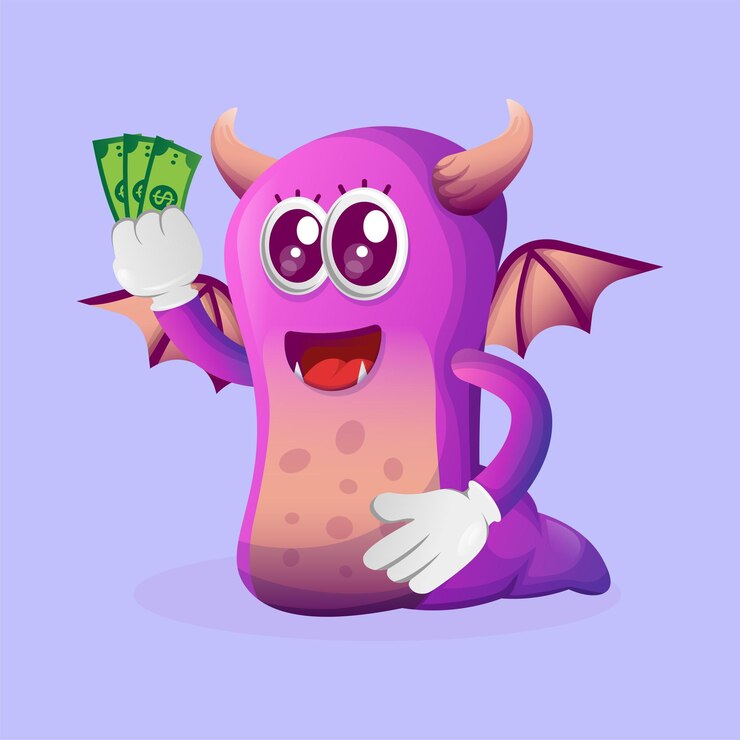 Vector lindo monstruo morado con dinero