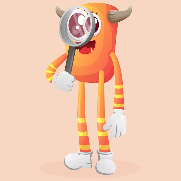 Lindo monstruo naranja realizando investigaciones sosteniendo una lupa