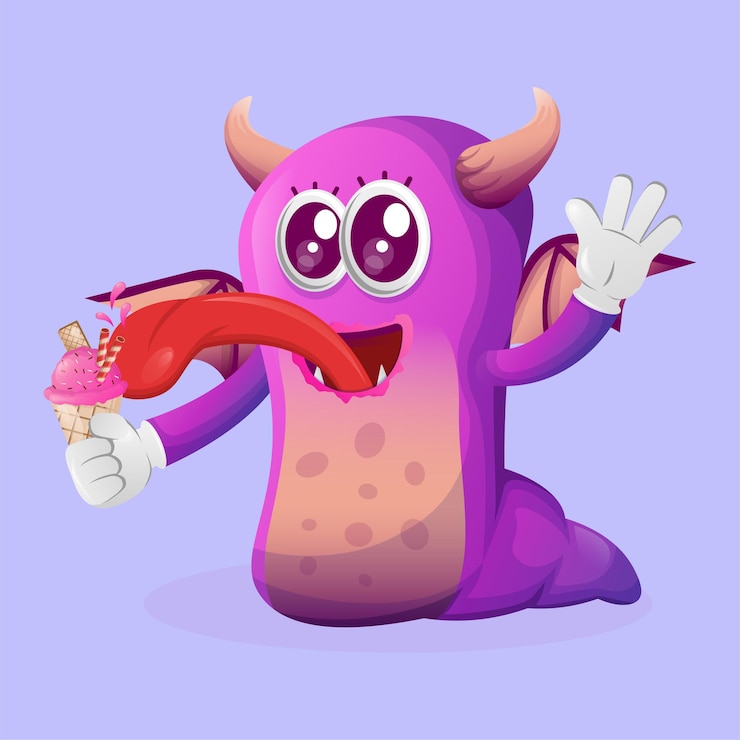 Vector lindo monstruo púrpura come helado